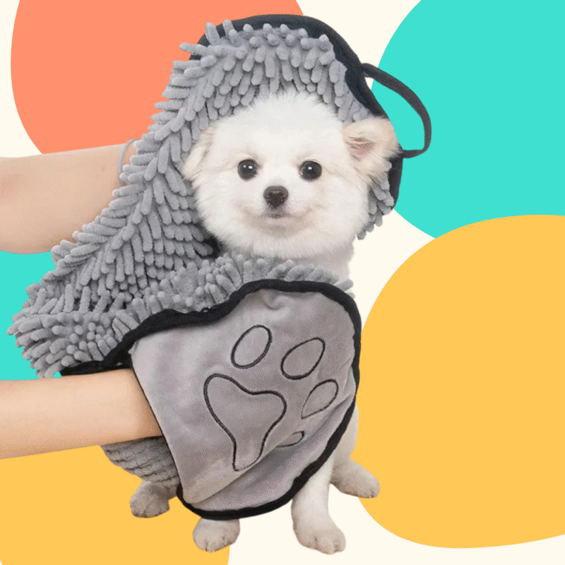 Super absorbent pet towel with hand pockets drying a small dog